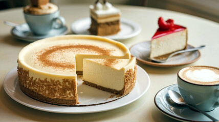 A creamy New York cheesecake with a slice cut out, presented in a soft cafe setting, perfect for food blogs, menus, or dessert advertising. 