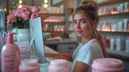 A detailed shot of a beauty salon receptionist scheduling an appointment on a computer, with salon products and decorations in the background