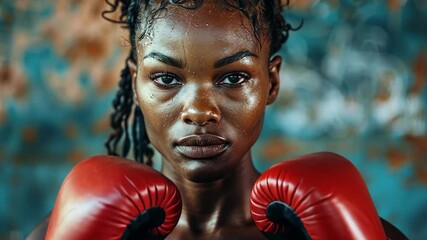 A determined boxer, wearing red gloves, stares intensely at the camera during a training session