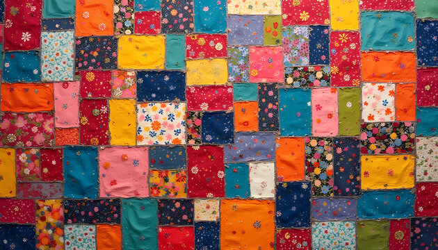 Close-up of a vibrant patchwork fabric collage featuring floral patterns and colorful squares
