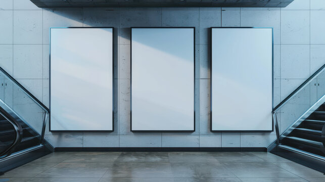 Blank Billboard Mockup in Metro Station Three big vertical portrait orientation blank poster with metro escalator background for poster banner advertise
