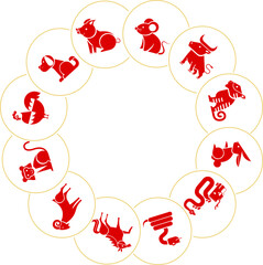 Chinese zodiac animals. Twelve asian new year golden characters