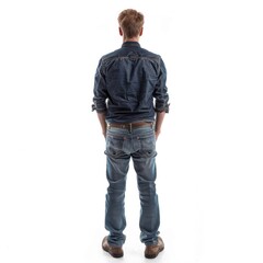 Fototapeta premium Behind Person. Caucasian Male in Jeans Seen from Behind on White Studio Background