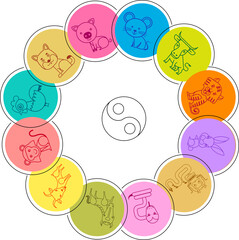 Chinese zodiac animals. Twelve asian new year golden characters