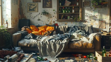 A disorganized living space with a couch covered in clothes, empty bottles, and food wrappers after a party