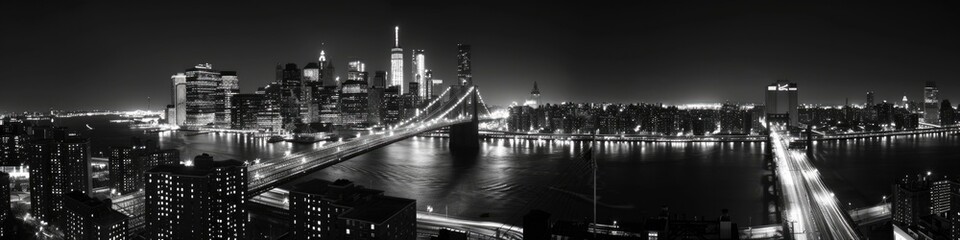 Fototapeta premium Black And White City. Panoramic Night Picture of Manhattan Skyline in New York City