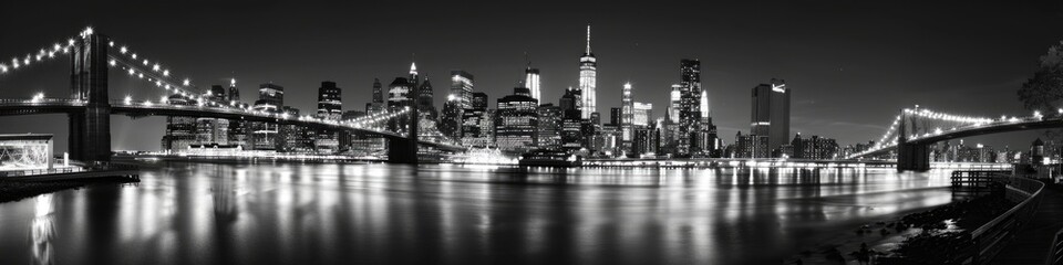 Black And White City. New York City Skyline at Night with Brooklyn Bridge in the Background