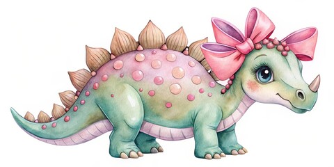 Fototapeta premium Adorable Baby Girl Dinosaur Print with Bow - Cute Sweet Dino Design for Kids Room Decor and Clothing