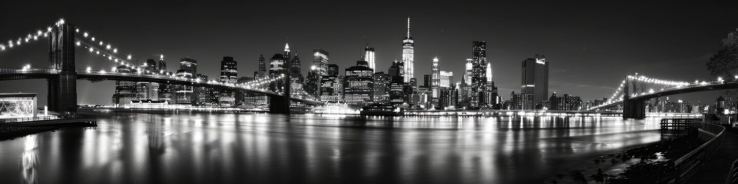 Fototapeta Black And White City. New York City Skyline at Night with Brooklyn Bridge in the Background