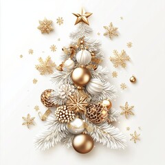 **Merry Christmas and Happy New Year Holiday white banner illustration. Xmas design with realistic 3d objects, christmas tree, golden christmass ball, snowflake, glitter gold
