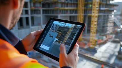 Construction manager using digital tablet and bim software on building site