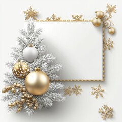 **Merry Christmas and Happy New Year Holiday white banner illustration. Xmas design with realistic 3d objects, christmas tree, golden christmass ball, snowflake, glitter gold