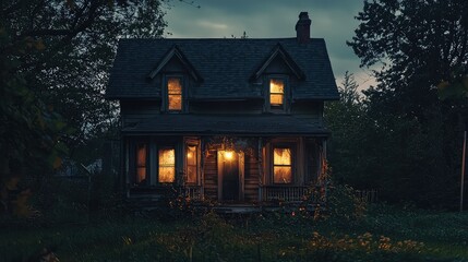 A mysterious old house illuminated at dusk, surrounded by trees and overgrown grass, evoking a sense of nostalgia and solitude.
