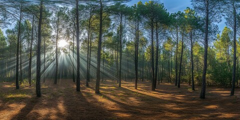 Sunbeams shining through the trees in a pine forest.