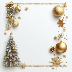**Merry Christmas and Happy New Year Holiday white banner illustration. Xmas design with realistic 3d objects, christmas tree, golden christmass ball, snowflake, glitter gold