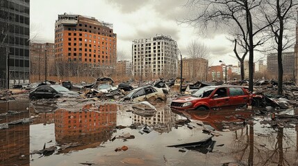 Devastating Flooded City Streets with Submerged Vehicles and Buildings After Intense Rainfall Disaster