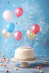 White birthday cake with colorful sprinkles and candles on a stand, surrounded by balloons and festive decorations, perfect for celebrations.