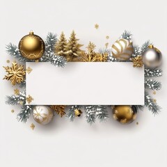 **Merry Christmas and Happy New Year Holiday white banner illustration. Xmas design with realistic 3d objects, christmas tree, golden christmass ball, snowflake, glitter gold