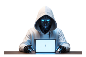 Cyber Hacker with Blue Glowing Eyes Wearing a Hoodie Isolated on Transparent Background.