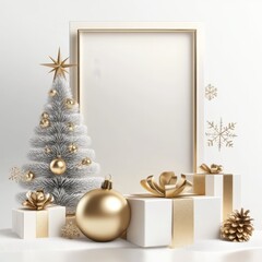 **Merry Christmas and Happy New Year Holiday white banner illustration. Xmas design with realistic 3d objects, christmas tree, golden christmass ball, snowflake, glitter gold