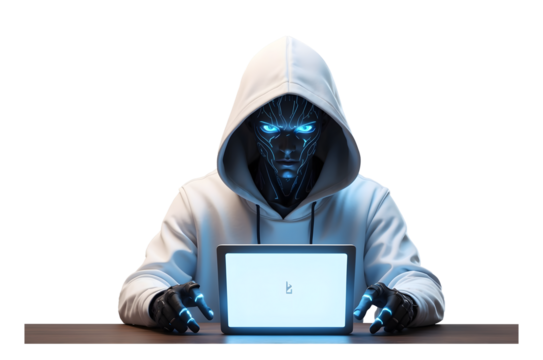 Cyber Hacker with Blue Glowing Eyes Wearing a Hoodie Isolated on Transparent Background.