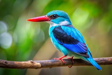Obraz premium Adult Woodlands Kingfisher Halcyon senegalensis Perched on Branch in Natural Habitat with Ample Copy Space for Design
