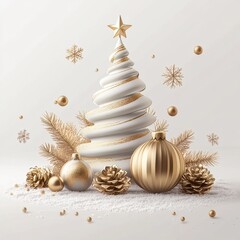 **Merry Christmas and Happy New Year Holiday white banner illustration. Xmas design with realistic 3d objects, christmas tree, golden christmass ball, snowflake, glitter gold