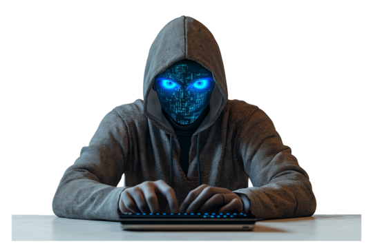 Cyber Hacker with Intense Blue Glowing Eyes in a Hood Isolated on Transparent Background