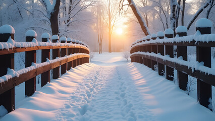 Snowy, wooden bridge in a winter day. Stare Juchy, Poland