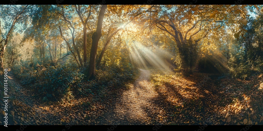 Wall mural sunbeams streaming through the trees in an autumn forest, illuminating a path covered in fallen leav