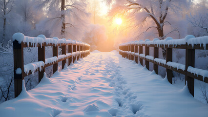 Snowy, wooden bridge in a winter day. Stare Juchy, Poland