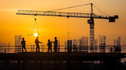 Construction workers discussing under a crane at sunset