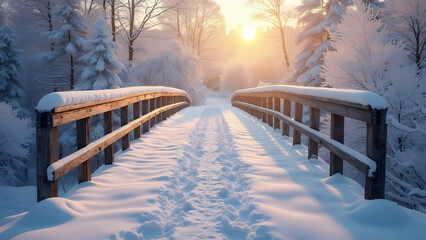 Snowy, wooden bridge in a winter day. Stare Juchy, Poland
