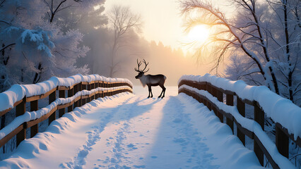 Snowy, wooden bridge in a winter day. Stare Juchy, Poland