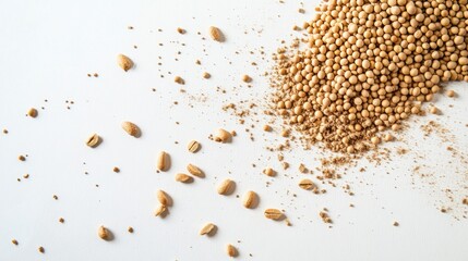 A collection of mustard seeds scattered on a white surface.