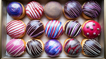 Obraz premium Verführerische Donut-Kollektion: Frische, handgemachte Donuts in leuchtenden Farben mit verschiedenen Toppings auf hellem Hintergrund. Food Marketing perfekt. Food Fotografie