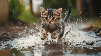 A playful kitten splashes joyfully through a puddle, showcasing its curious nature and love for adventure in the outdoors.