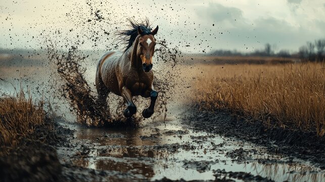 A powerful horse galloping through muddy water, creating splashes that capture the essence of freedom and wild beauty in nature.