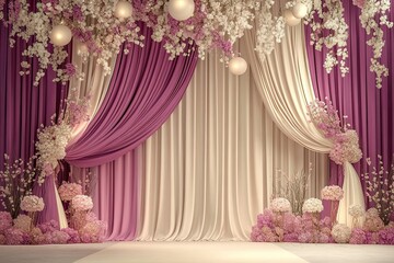 simple magenta and beige wedding stage with line flowers, elegant lamps and luxury folds vertical curtain background 