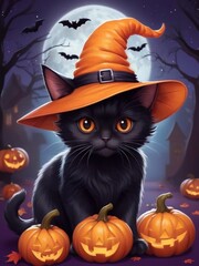 Halloween poster background with a cute cat with wizard hat character and pumpkins. Cartoon Halloween day 2024 banner card design