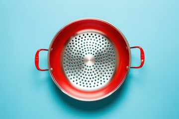 Red colander on a blue background showcasing its perforated design and handles
