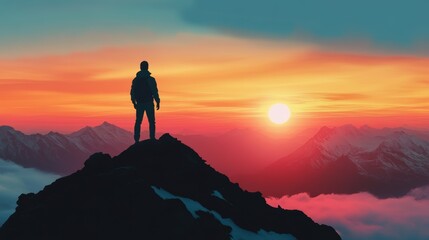 Obraz premium Silhouette of business male stand and feel happy on the most hight at the mountain on sunset, success, leader, teamwork, target, Aim, confident, achievement, goal, on plan, finish, generate by AI