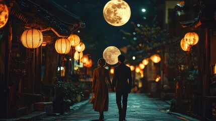 A romantic evening stroll under lanterns and a full moon, showcasing a couple enjoying a serene night in a picturesque alley.