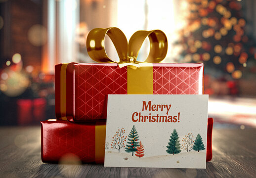 Christmas Presents With Greeting Card Mockup