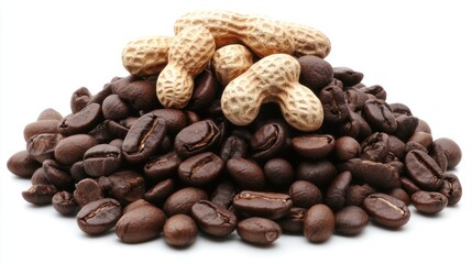 Naklejka premium A pile of coffee beans and peanuts, showcasing a blend of snacks and beverages.