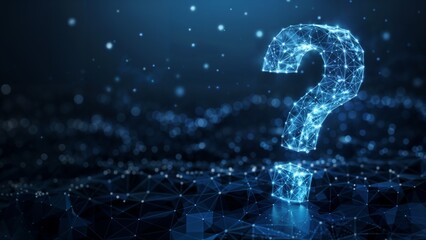 Ask symbol. 3d abstract on dark blue background with dots and stars. Problem solution, support, faq, education, confusion illustration.