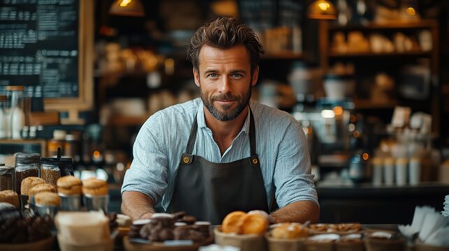 handsome male barista working in coffee shop sitting on counter bartender in apron preparing coffee drink