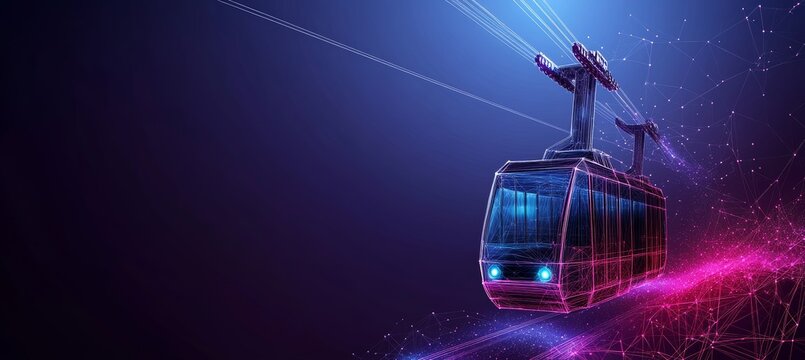 Futuristic Cable Car Transportation Illustration with Wireframe on an Abstract Background