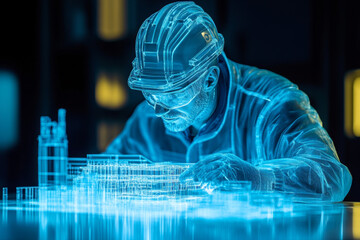 Engineer Figure Constructed from TMT Bars on a Blue Background