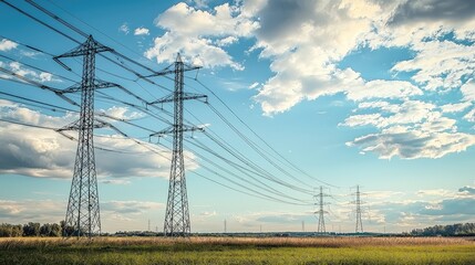 A scenic view of power lines stretching across fields, under a bright sky with scattered clouds, symbolizing energy transmission.